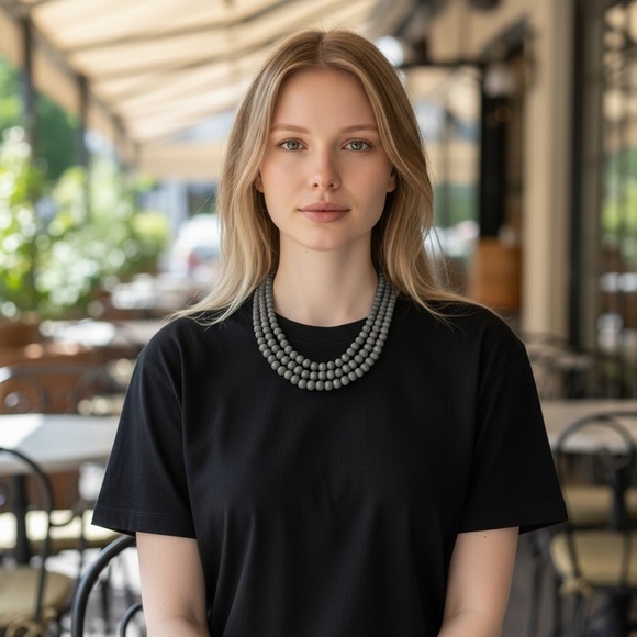 Vintage Jewelry - Elegant Vintage Wooden Gray 3 Strand Beaded Necklace